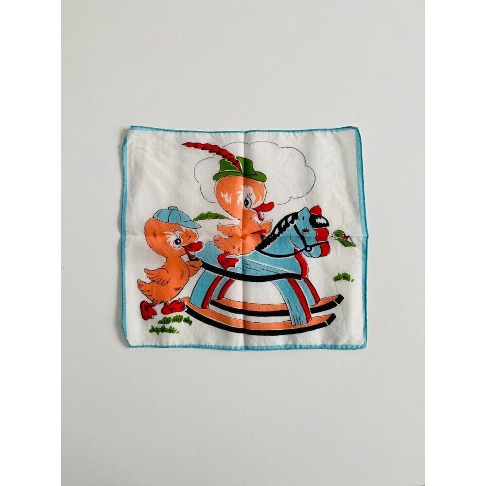 Vintage Child's Hankie from the 1940s, Ducks on a Rocking Horse, Whimsical Novel